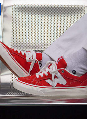 顽刻ollieskate红色春季校园风W系列翻毛皮帆布拼男女国潮滑板鞋
