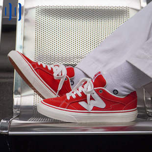 顽刻ollieskate红色春季校园风W系列翻毛皮帆布拼男女国潮滑板鞋