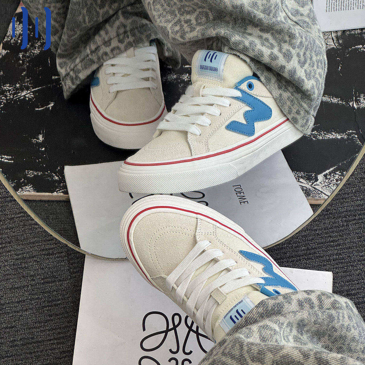 顽刻ollieskate白蓝拼色秋季校园风W系列休闲低帮男女国潮滑板鞋