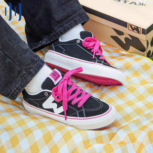 顽刻ollieskate黑粉拼色春季 校园W系列翻毛皮拼接男女国潮滑板鞋