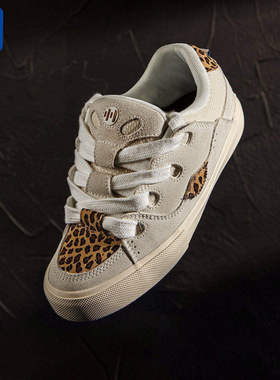 顽刻ollieskate面包鞋豹纹印花翻毛皮帆布拼接BAKE男女滑板鞋