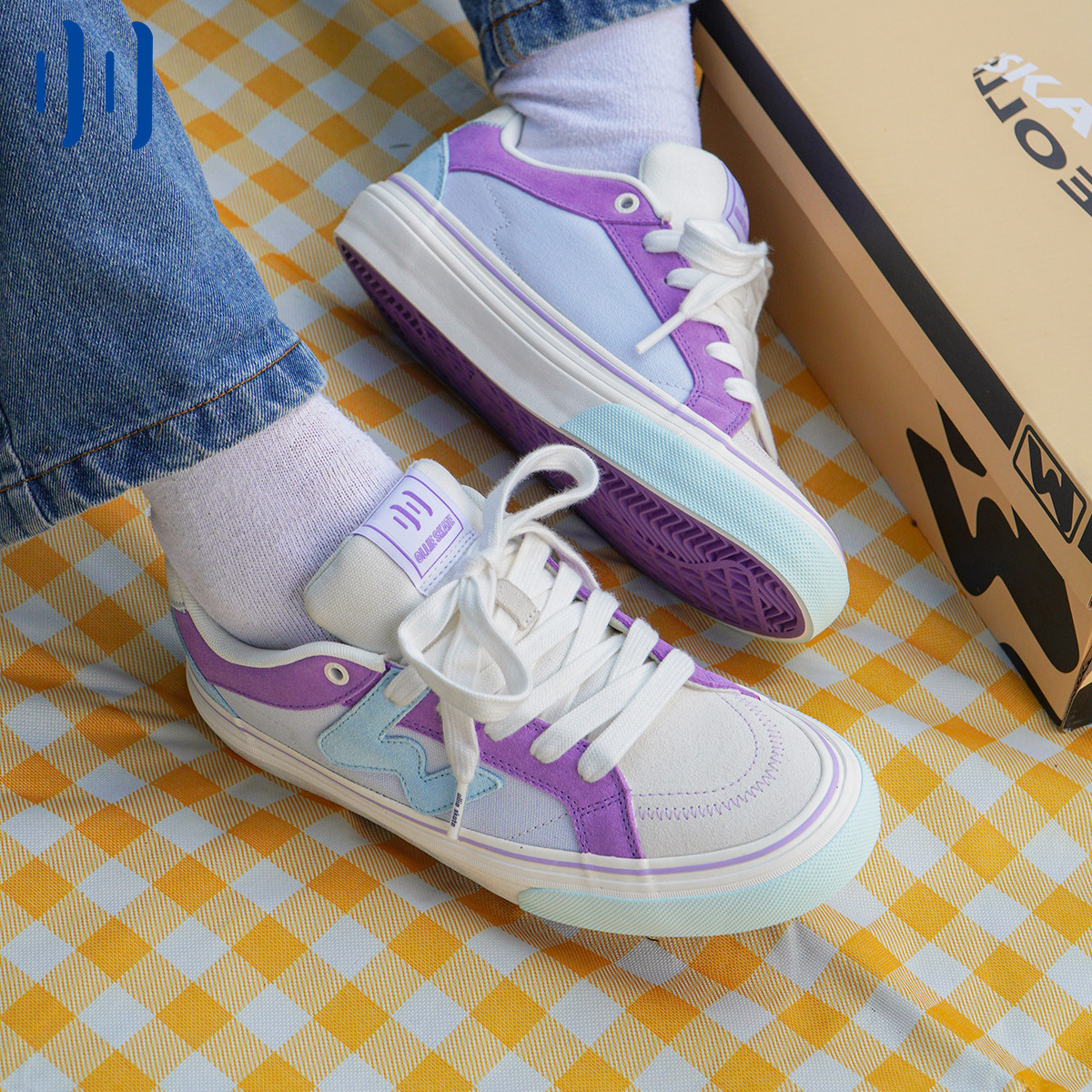 顽刻ollieskate蓝紫拼色春季校园风W系列帆布低帮男女国潮滑板鞋