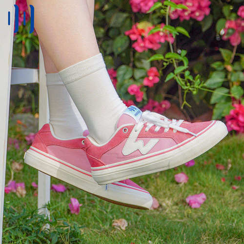 顽刻ollieskate樱花粉春季校园风W系列翻毛皮帆布男女国潮滑板鞋