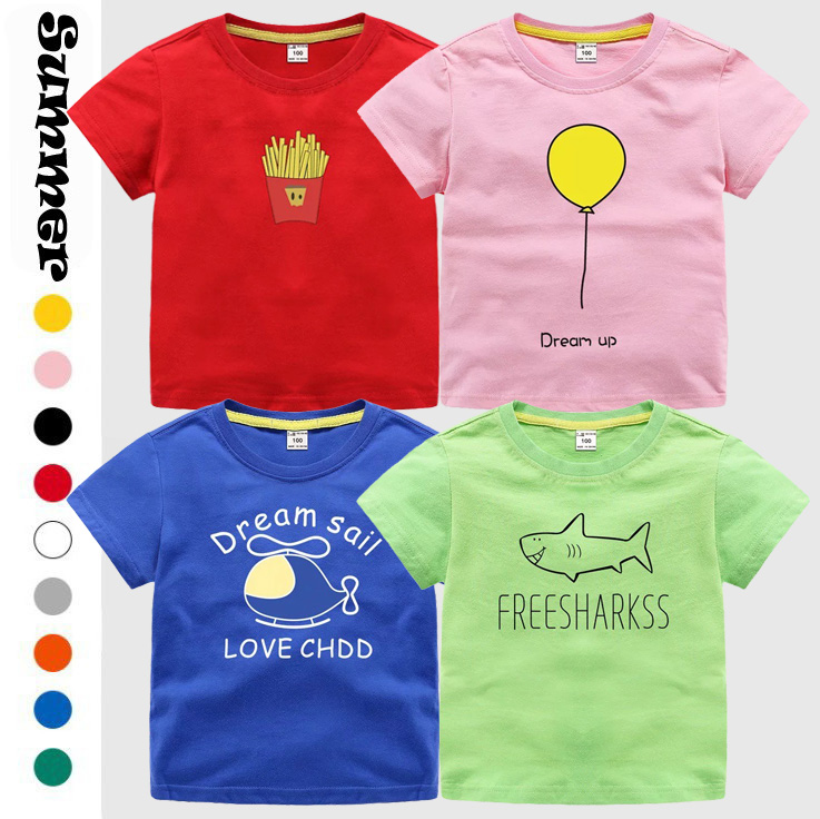 纯棉童装夏季新款男女童薯条气球直升机鲨鱼卡通印花短袖儿童T恤