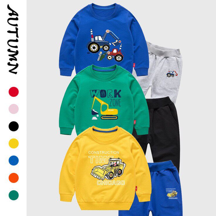 纯棉童装春秋新款男女童勾机挖掘机工程车推土机儿童卫衣卫裤套装
