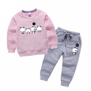 纯棉童装春秋季新款儿童可爱熊猫卖萌黑白熊猫卫衣卫裤套装