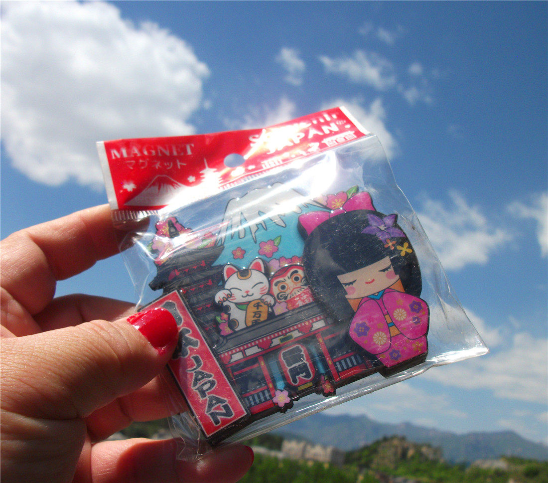 WORLD TRAVEL COMMEMORATIVE FRIDGE MAGNET JAPAN MOUNT FUJI BODHIDHARMA KIMONO DOLL WOODEN DOUBLE SOUVENIR