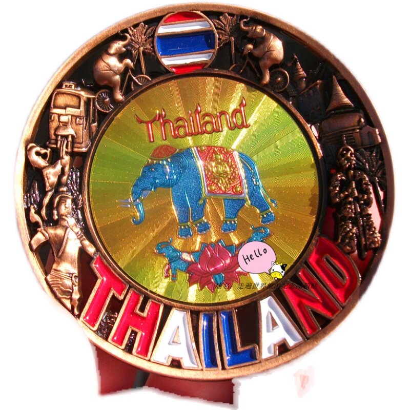 THAILAND LOCAL REFRIGERATOR MAGNET METAL STICKER AUSPICIOUS ELEPHANT DISC RELIEF MULTI-COLOR THANLAND