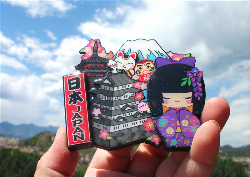 WORLD TRAVEL COMMEMORATIVE FRIDGE MAGNET JAPAN MOUNT FUJI BODHIDHARMA KIMONO DOLL WOODEN DOUBLE SOUVENIR