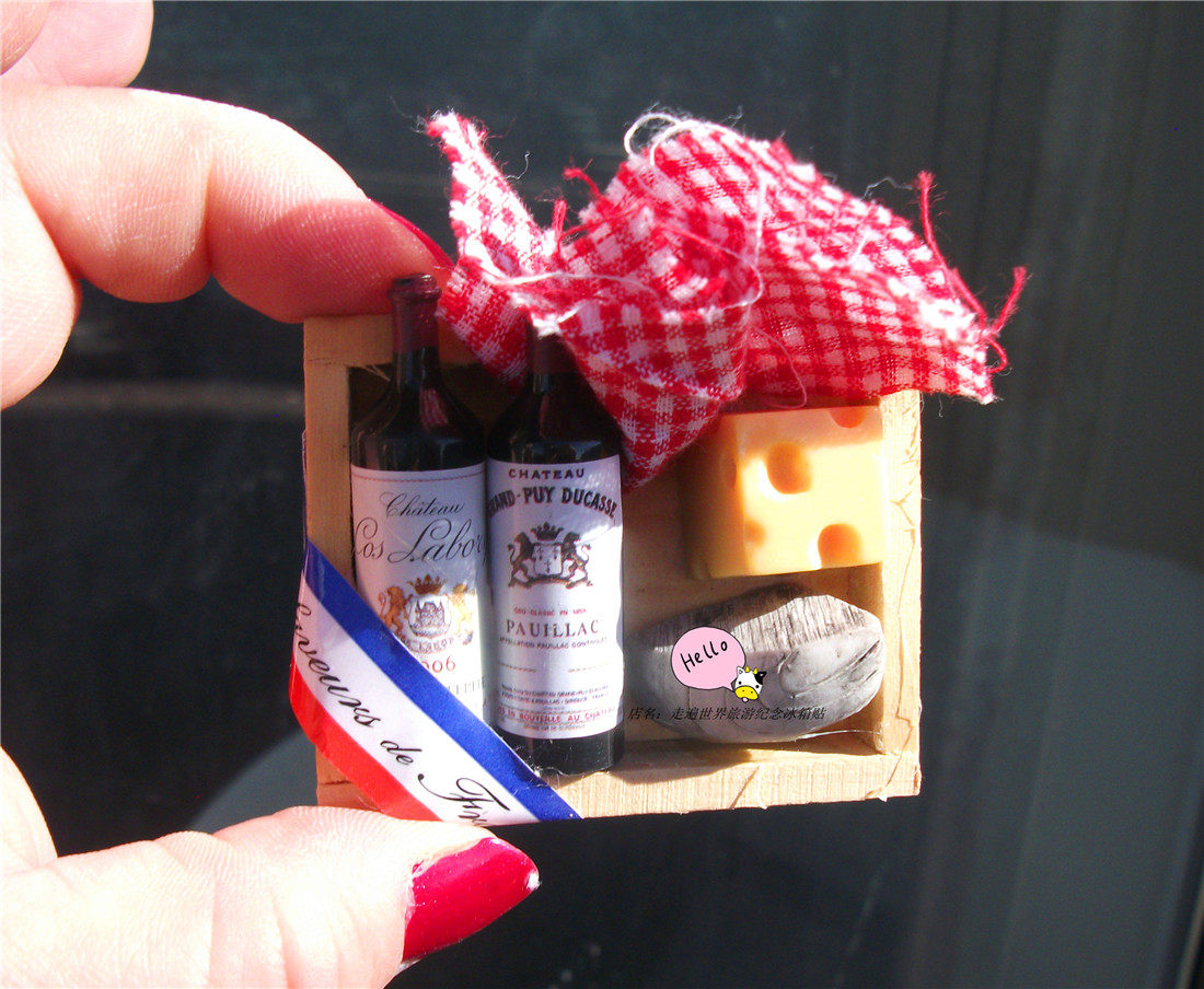 FRENCH LOCAL FRIDGE MAGNET FRANCE WINE IN WOODEN BOX CHEESE TABLECLOTH EMULATION