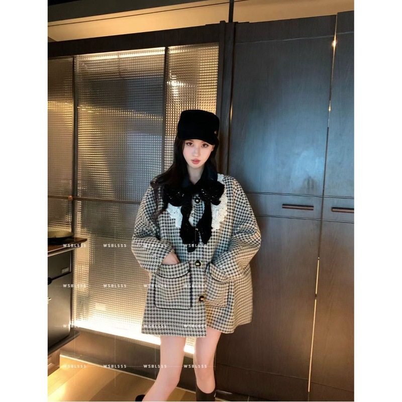 小香风宽松毛呢外套女2025秋季新款复古蕾丝蝴蝶结千鸟格呢子大衣