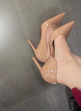 红底裸色高跟鞋女2026年侧空鞋气质细高跟尖头浅口单鞋女超高跟