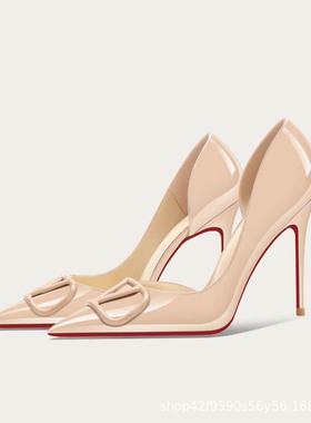 2025春夏季新款单鞋尖扣高跟细漆皮V 扣金属扣细跟凉单鞋时尚凉鞋