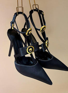 32-45码2025新款蝴蝶结细跟尖头包头性感罗马一字带高跟鞋凉鞋女