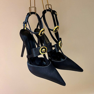 32-45码2025新款蝴蝶结细跟尖头包头性感罗马一字带高跟鞋凉鞋女