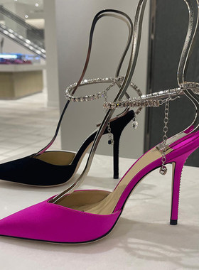 水晶吊坠红色婚鞋2026年新款尖头细跟一字带水钻包头宴会高跟凉鞋