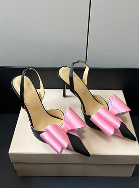 真丝蝴蝶结水钻高跟鞋2026高定新款法式名媛尖头细跟中空包头凉鞋