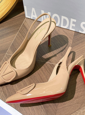 红底尖头高跟鞋女裸色秋冬季2026新款不累脚性感御姐V扣包头凉鞋