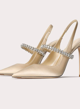 32-45码真皮裸色水钻一字带凉鞋女2025新款尖头后空职业高跟鞋女