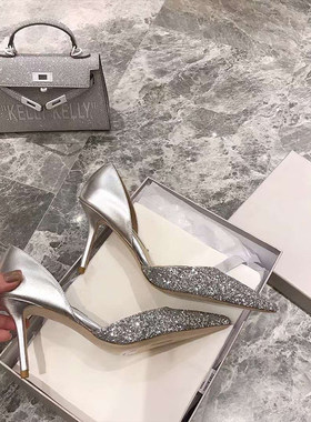 尖头亮片名媛高跟鞋2026年新款宴会细跟中空新娘水晶婚鞋法式凉鞋