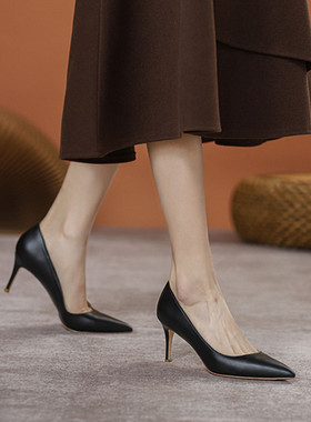 32-45码真皮2025新款法式尖头高跟鞋黑色工作气质宽脚细跟单鞋女
