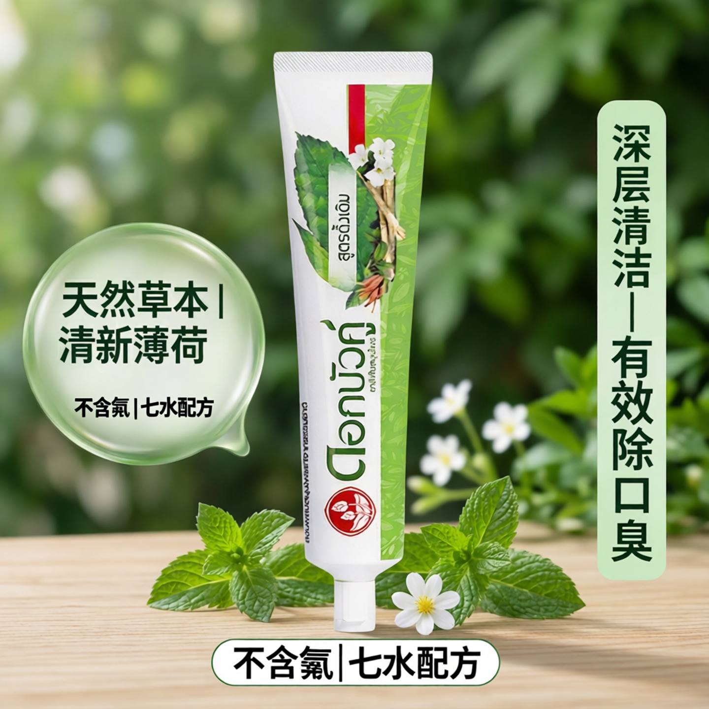 泰国双莲草本薄荷植物牙膏不含氟橘子七水推荐清洁口腔除异味正品