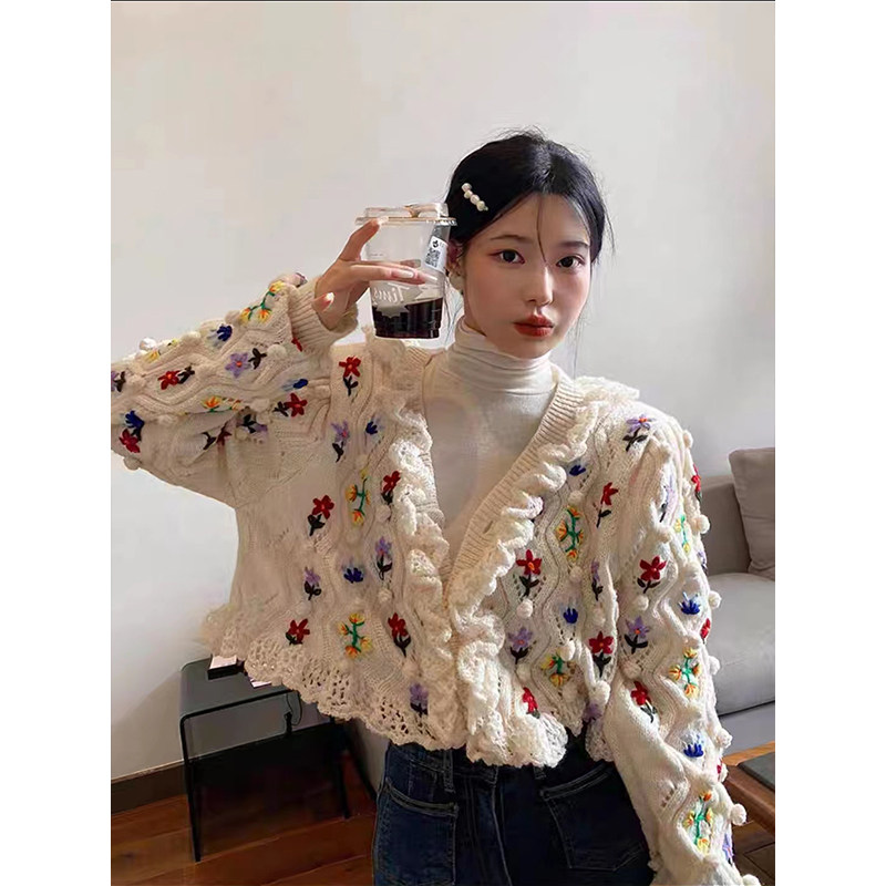 여성을위한 틈새 디자인 무거운 자카드 니트 카디건 가을 겨울 입체 장식 느슨한 짧은 스웨터 재킷 유행