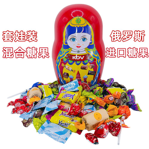俄罗斯进口大套娃KDV混合糖果阿孔特威化饼干冰淇淋农庄桶装礼盒