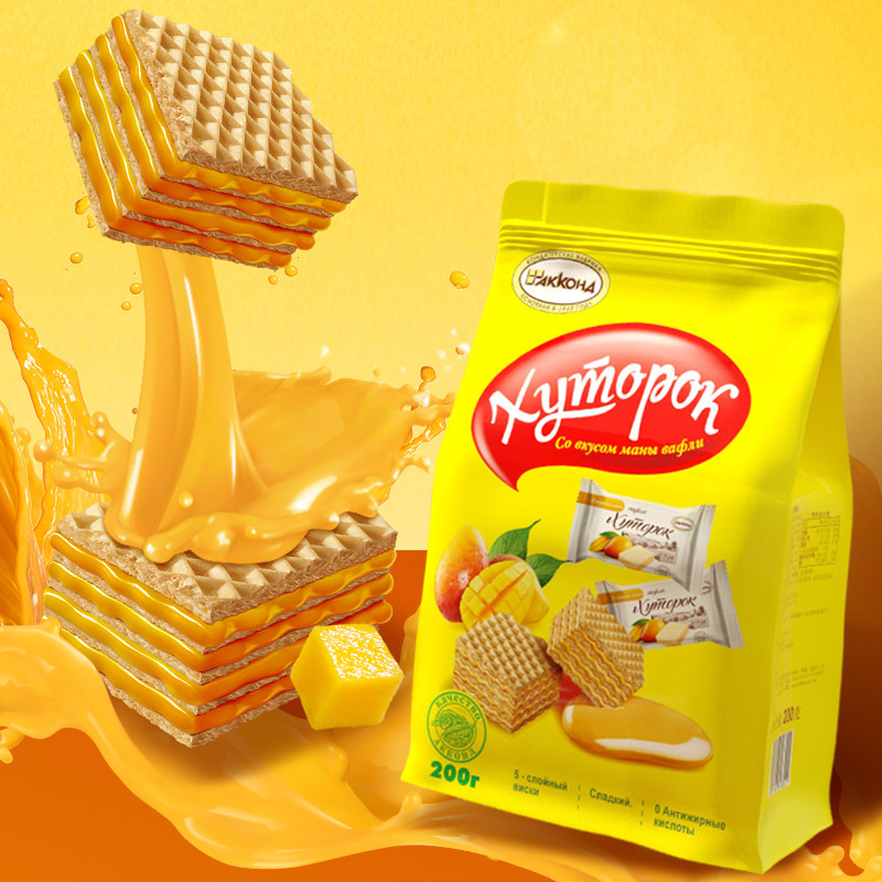 俄罗斯进口芒果威化巧克力榛子夹心小农庄饼干阿孔特牌原装瓦夫饼