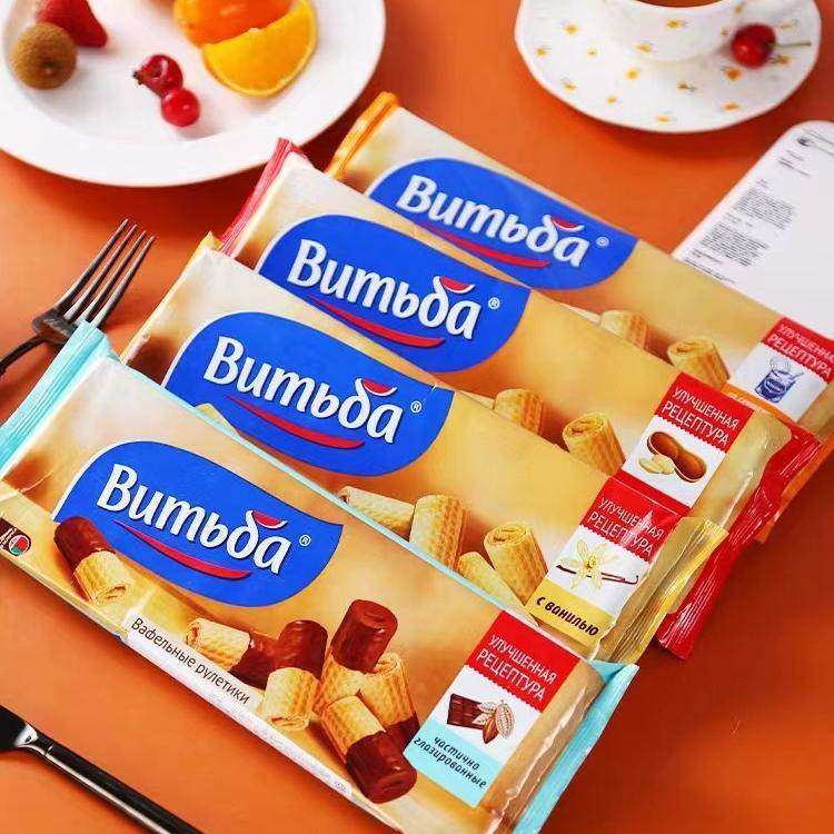 白俄罗斯进口蛋卷饼干巧克力味香草炼乳花生威化华夫卷筒休闲零食