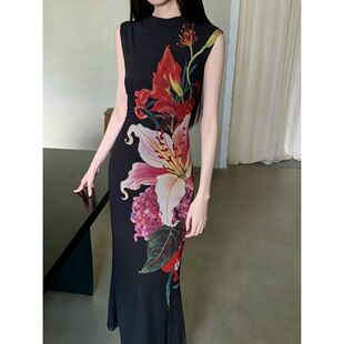谭燕玉风新中式大花卉印花无袖立领改良旗袍连衣裙女修身鱼尾裙夏