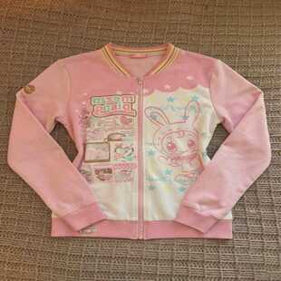 原宿风可爱小兔卡通棒球衫女粉色拼色短款夹克软妹少女感春秋外套