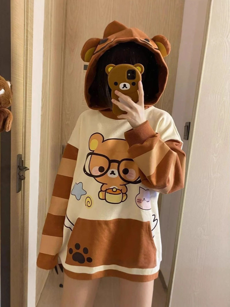 加绒日系可爱甜美卫衣宅萌眼镜轻松熊软妹学院风甜酷宽松连帽卫衣