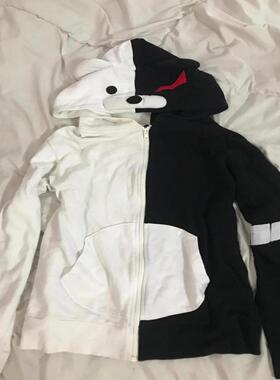 美式复古Vintage古早朋克y2k黑白秋冬款小熊拼接连帽外穿卫衣外套