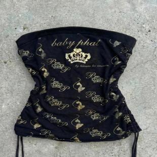 美式Y2K千禧辣妹风黑底鎏金Baby Phat抹胸皇冠印花抽绳收腰女上衣