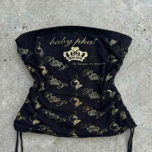 美式Y2K千禧辣妹风黑底鎏金Baby Phat抹胸皇冠印花抽绳收腰女上衣