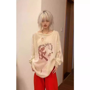 亚文化朋克原宿女破洞涂鸦针织衫宽松长袖毛衣薄款罩衣防晒衣春秋