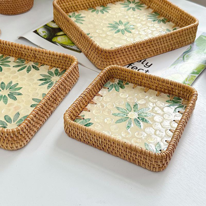 北欧手工编织藤编贝壳托盘水果盘茶盘点心盘轻奢客厅餐厅茶杯托盘