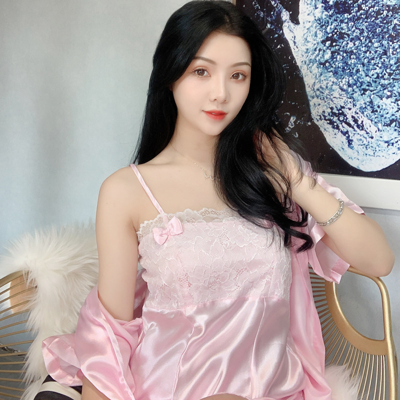 冰丝蕾丝吊带睡裙超短睡袍性感丝绸睡衣女夏季短袖两件套装薄款