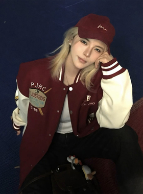 美式高街棒球服女秋冬新款加厚宽松情侣红色夹克外套重磅vibe上衣