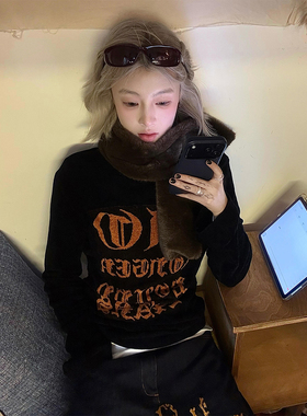 美式辣妹黑色针织衫女秋冬季哥特字母毛衣修身显瘦亚文化上衣y2k