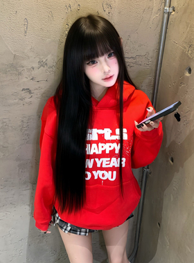 美式复古重磅卫衣女冬季加绒字母印花红色跨年连帽外套高级感上衣
