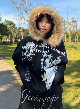 街头风毛领连帽卫衣女冬季朋克印花黑色重磅外套情侣宽松亚比上衣
