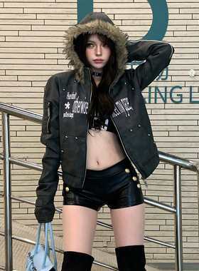 美式高街皮衣外套女秋冬新款铆钉毛领连帽短款夹克视觉系上衣y2k
