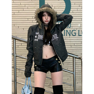 夹克视觉系上衣y2k 铆钉毛领连帽短款 美式 高街皮衣外套女秋冬新款