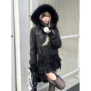 美式街头风连帽棉服女冬季朋克印花可拆卸毛领外套宽松亚文化上衣