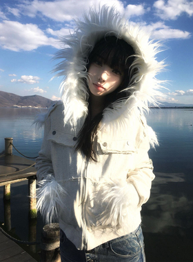 街头朋克风短款外套女秋冬毛边拼接连帽夹克视觉系宽松轻亚比上衣