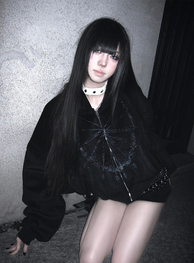 亚文化黑色卫衣女秋冬新款丝绒巫师帽重磅外套宽松y2k视觉系上衣