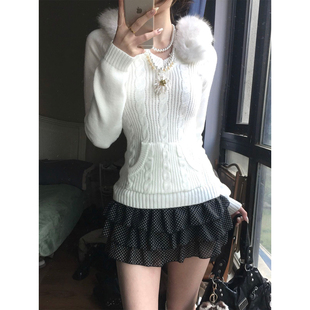 独特漂亮miu系毛衣女早春季毛领连帽白色麻花针织衫修身显瘦上衣