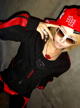 亚文化夹克外套女秋冬季刺绣条纹拼接立领卫衣修身视觉系上衣y2k